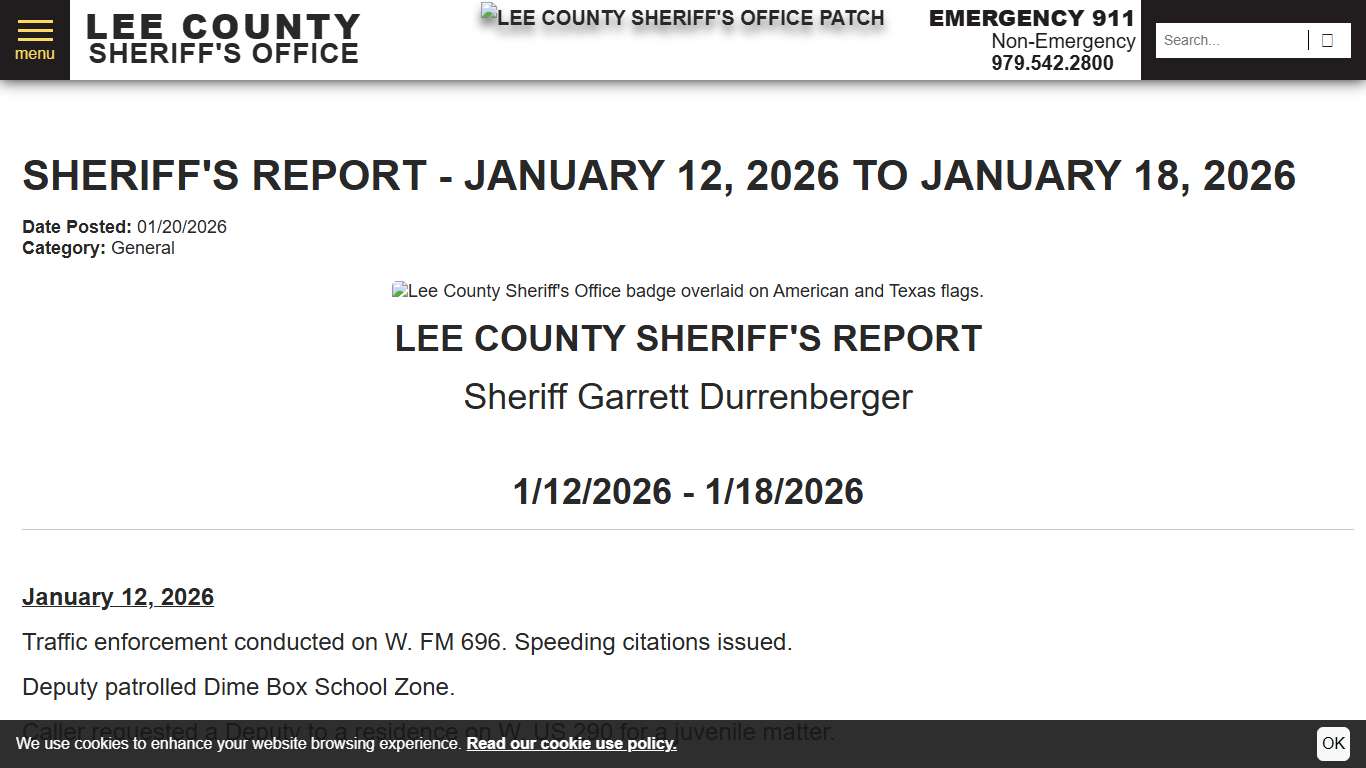 SHERIFF'S REPORT - JANUARY 12, 2026 to JANUARY 18, 2026 Lee County Sheriff's Office